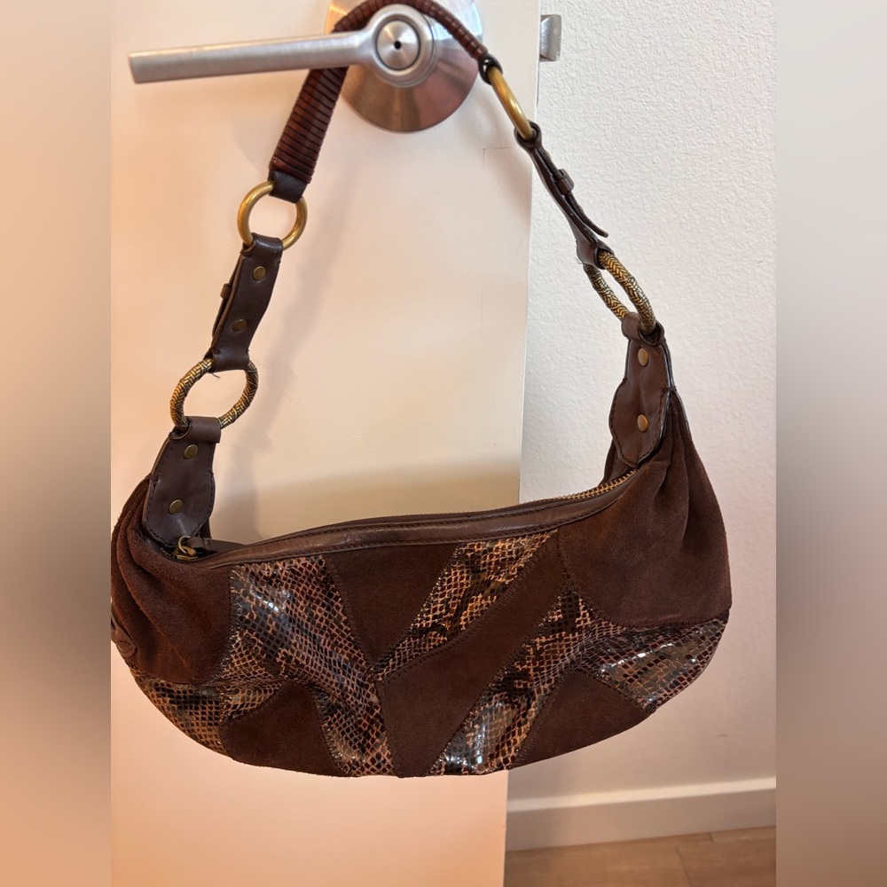Cole Haan Brown Suede Shoulder Bag with Snakeskin Accents